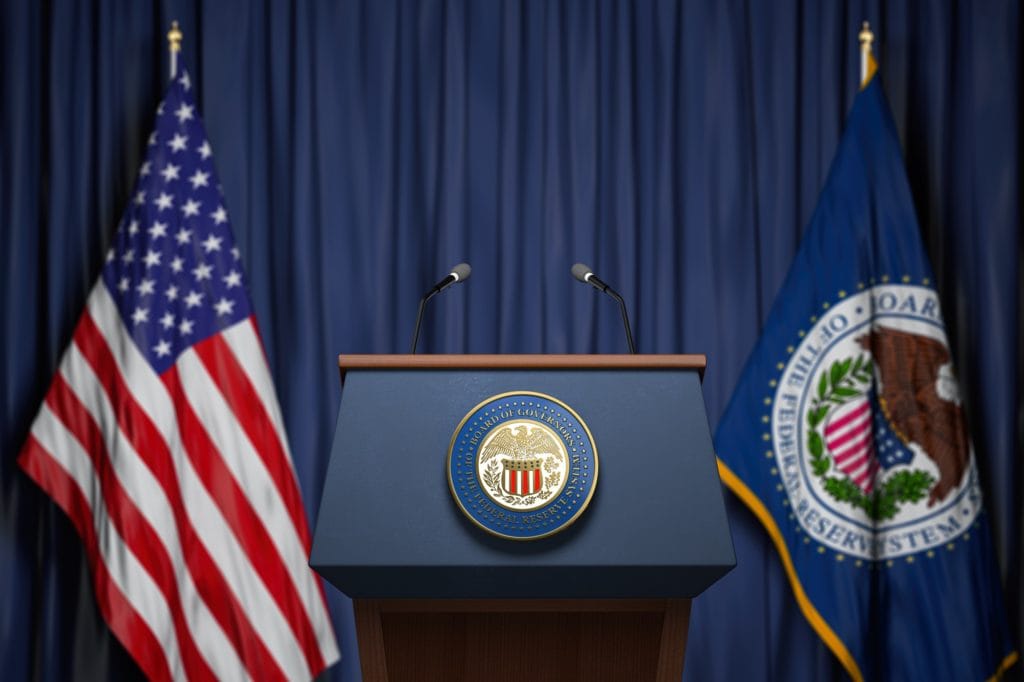 Federal Reserve System Fed of USA chairman press conference concept.