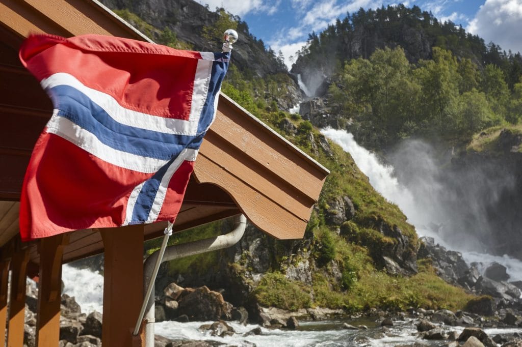 Norwegian twin waterfall. Norway flag. Latefossen. Visit Norway. Highlight