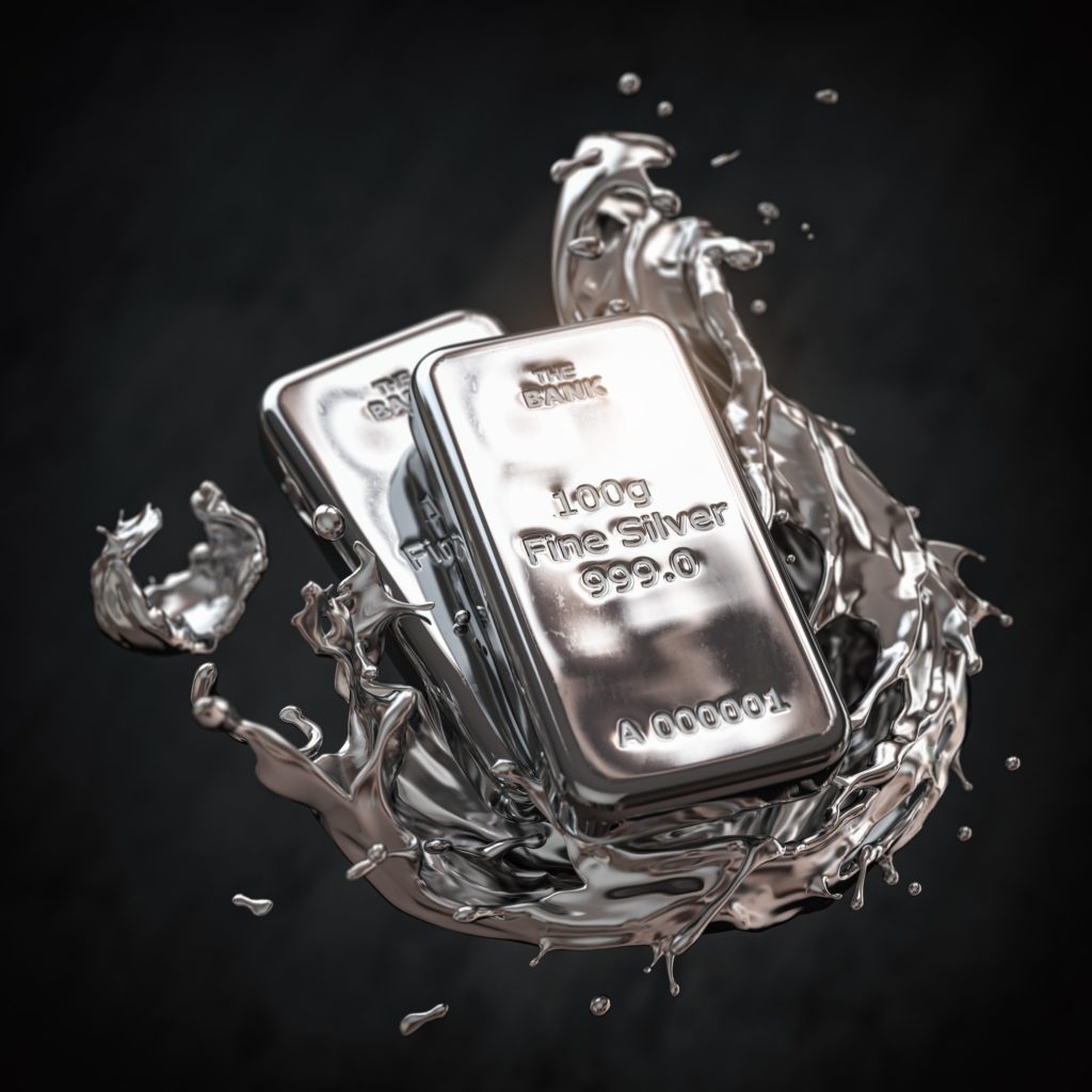 Silver bar or bullion ingot in liquid silver metal splash on black background.
