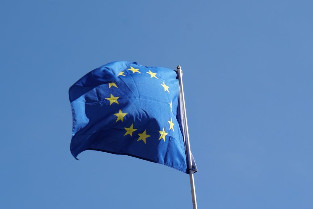 EU flag of Europe or European Union waving in the wind