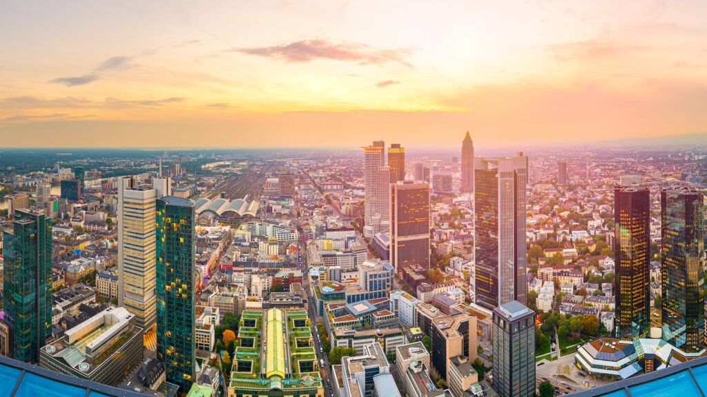 Frankfurt; Germany cityscape from above at dusk.