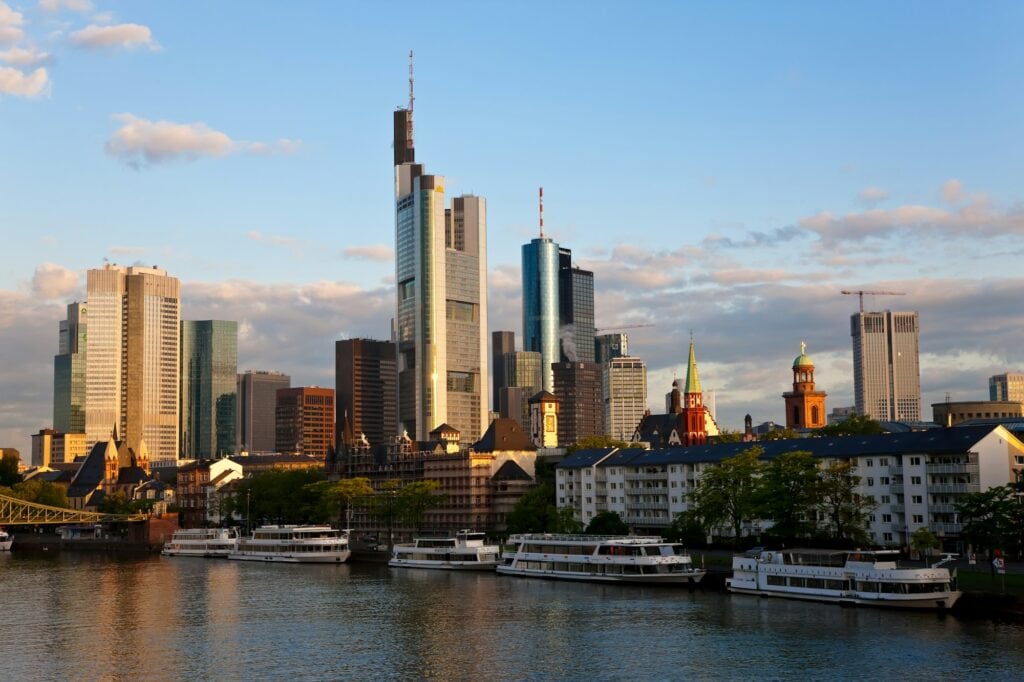 Skyline of Frankfurt and Main River in the early morning,