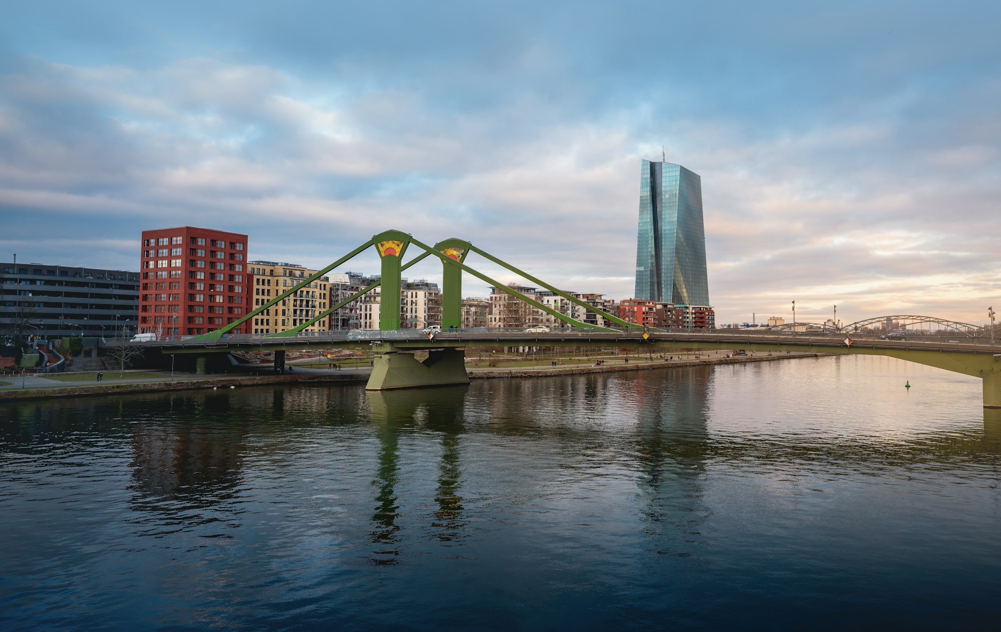 Main River skyline with Flosserbrucke and ECB Tower (European Central Bank) - Frankfurt, Germany